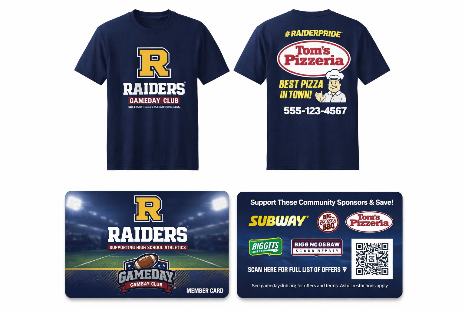 Sample GameDay Club shirts and discount cards